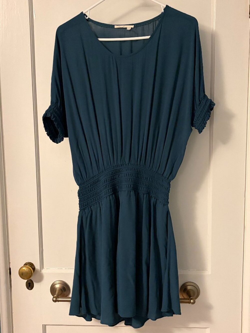 Anthropologie Floreat Azriel teal blue dolman sleeve ruched waist mini dress
